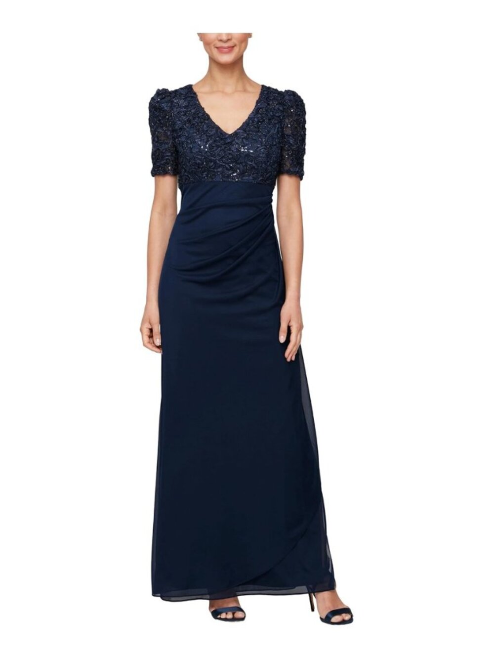 Alex Evenings Navy Blue Sequin Lace Formal Evening Gown Dress Size 14